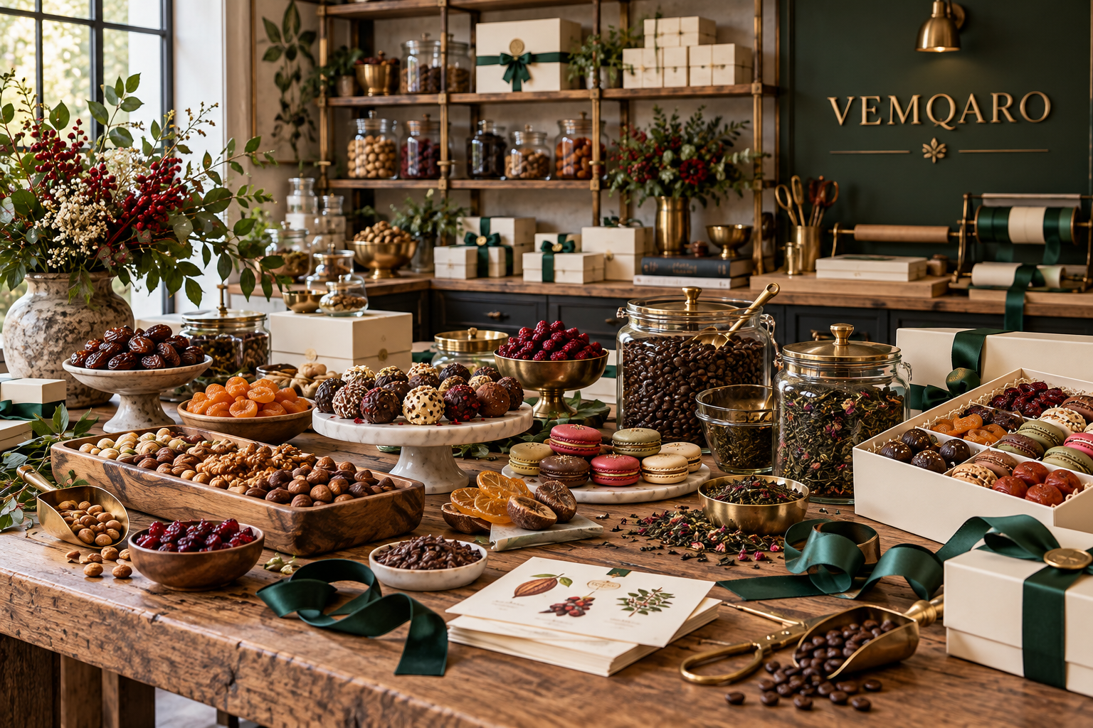 VEMQARO gourmet gifting studio with nuts, chocolates, macarons, coffee, tea, ribbons and packaging materials